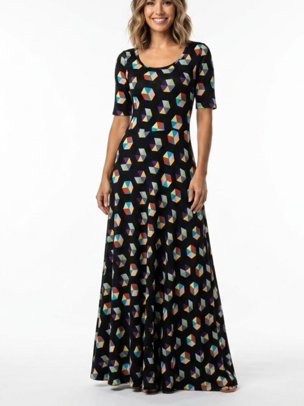 LuLaRoe Ana Maxi Dress Geometric Rainbow Hexagon Print Modern Art Aesthetic S